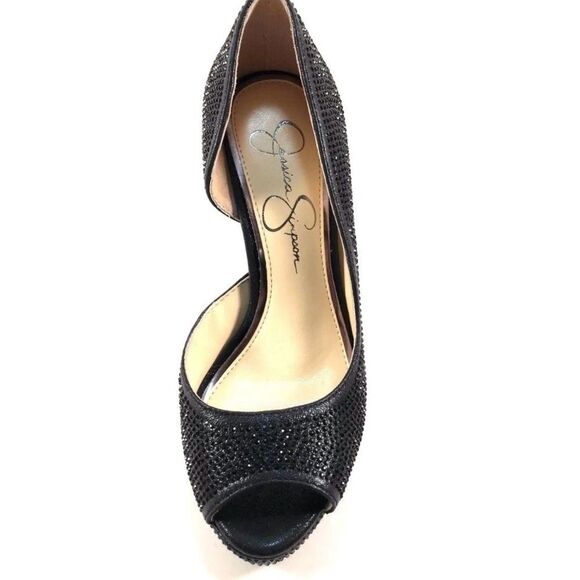 ♥️ Jessica Simpson Black Rhinestone Peep-Toe d’Orsay Pumps - Picture 7 of 13